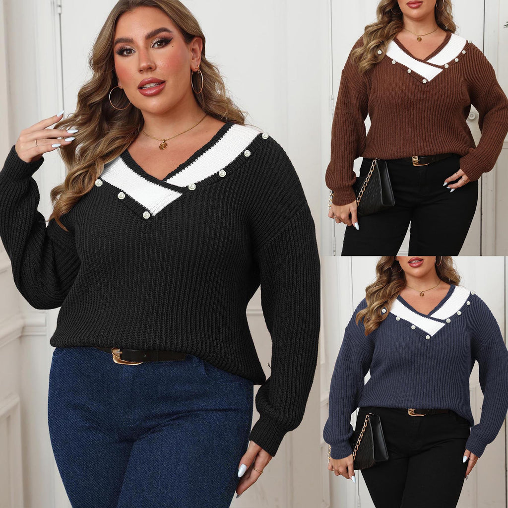 Deep V-Neck Loose Knitted Sweater for Women, Long Sleeve, Pearl Bead Embellished Top