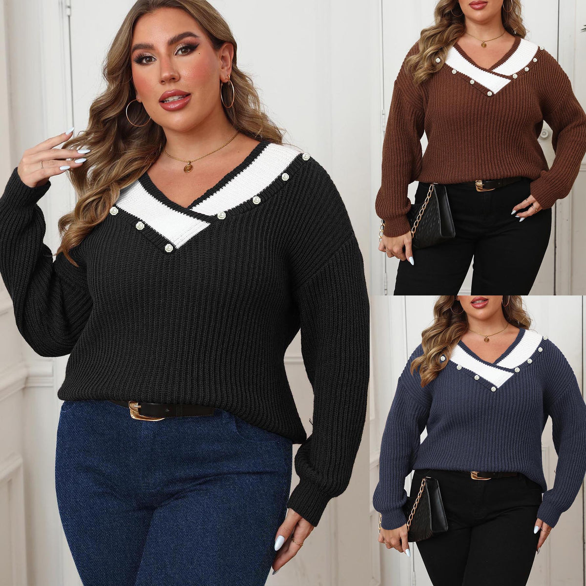 Deep V-Neck Loose Knitted Sweater for Women, Long Sleeve, Pearl Bead Embellished Top