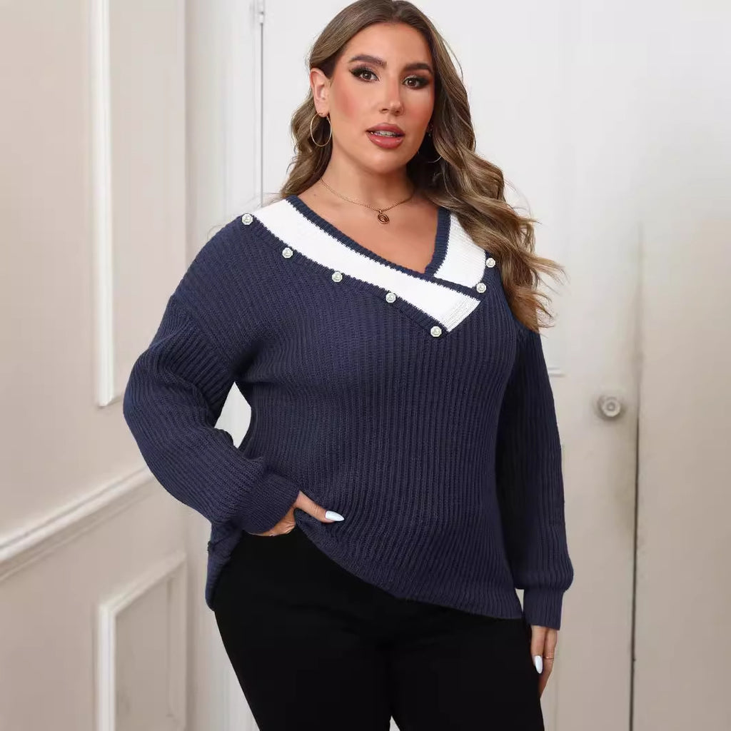 Deep V-Neck Loose Knitted Sweater for Women, Long Sleeve, Pearl Bead Embellished Top