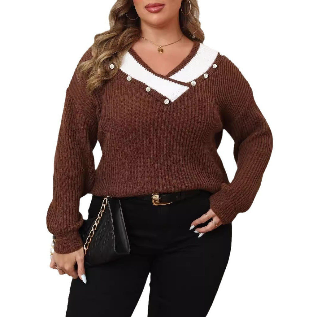 Deep V-Neck Loose Knitted Sweater for Women, Long Sleeve, Pearl Bead Embellished Top