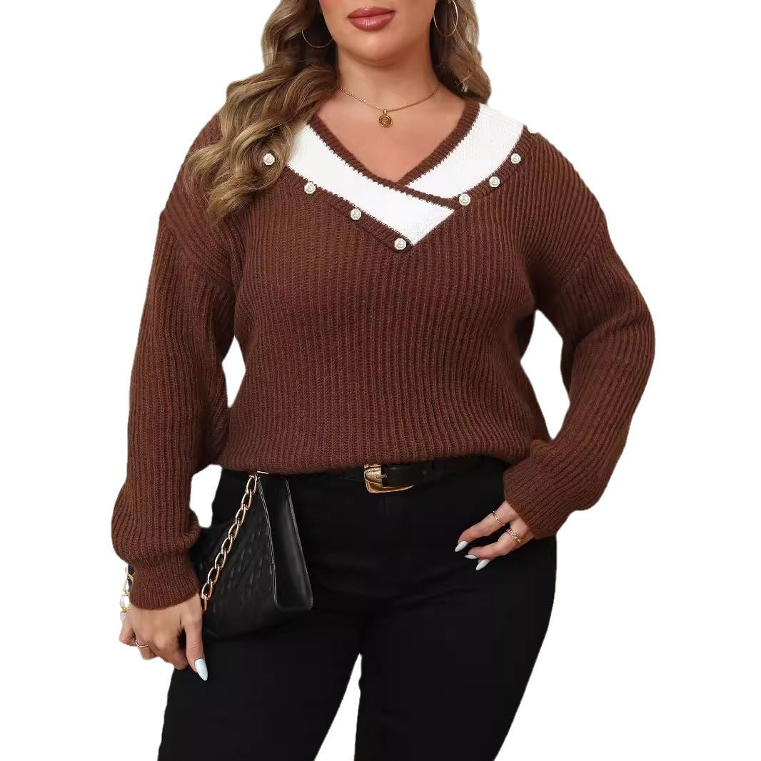Deep V-Neck Loose Knitted Sweater for Women, Long Sleeve, Pearl Bead Embellished Top