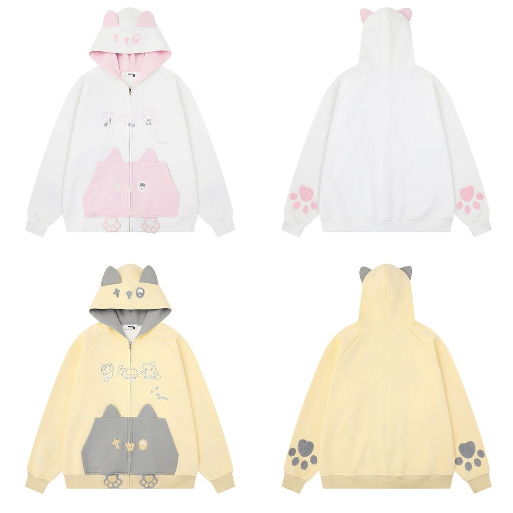 Color blocked cat face pocket hoodie