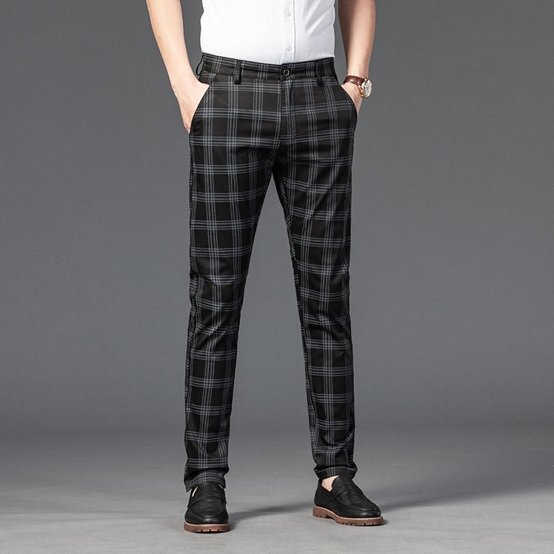 Black Beige Summer Plaid Pants Men Korea Style Regular Fit Office Suit Pants Formal Dress Trousers For Men Wendding