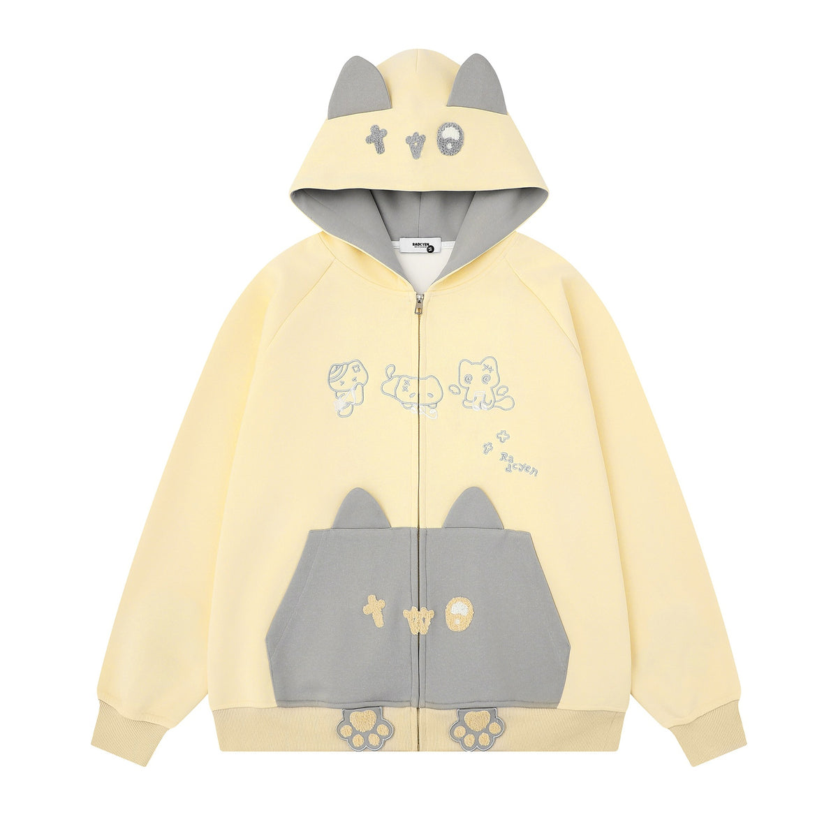 Color blocked cat face pocket hoodie