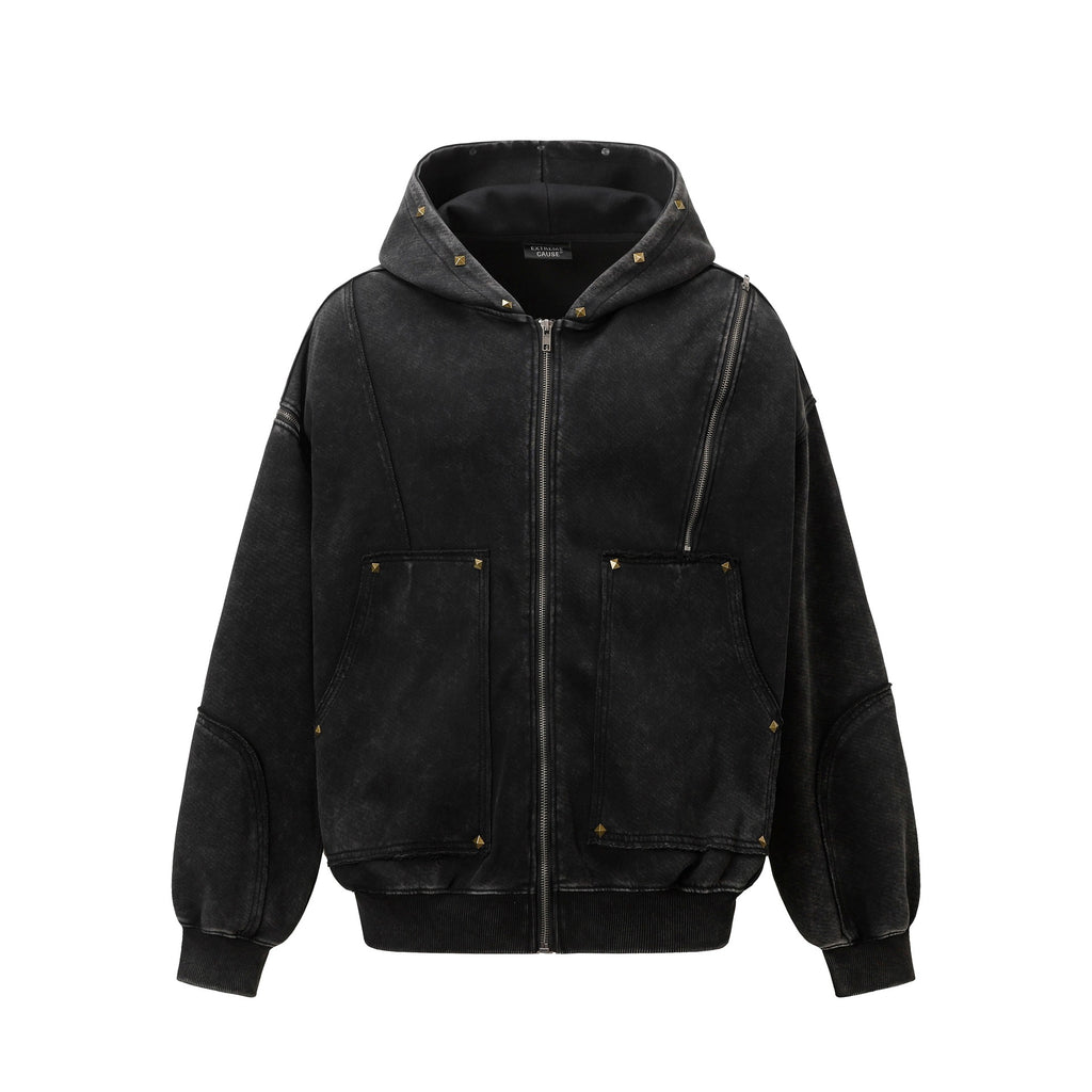 Water washed split rivet cotton blend hoodie