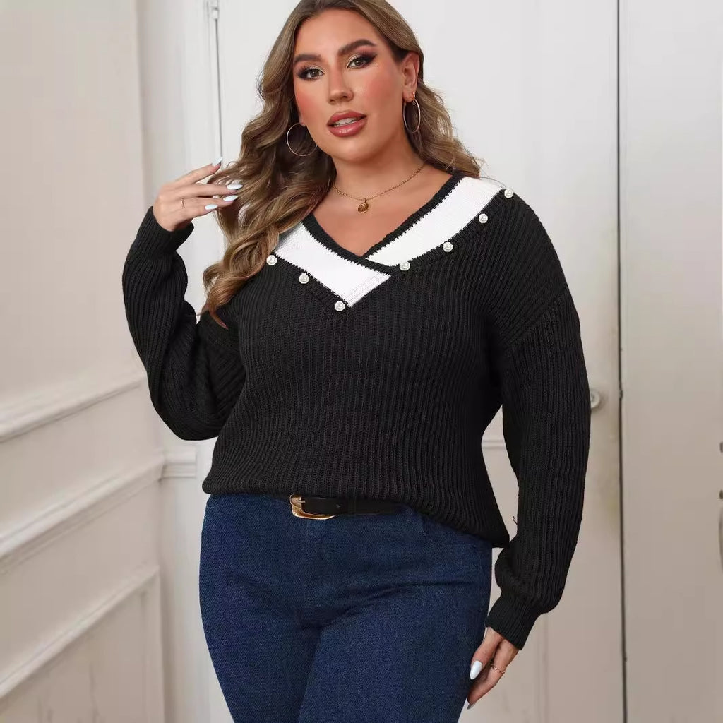 Deep V-Neck Loose Knitted Sweater for Women, Long Sleeve, Pearl Bead Embellished Top