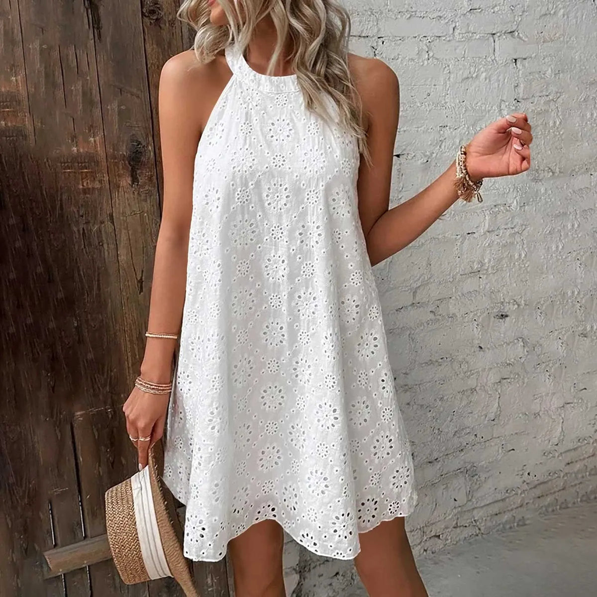 Womens Summer Vacation Dresses Hollow Lace Halter Solid Color Backless Short Dresses Casual Loose Holiday Beach Sundress