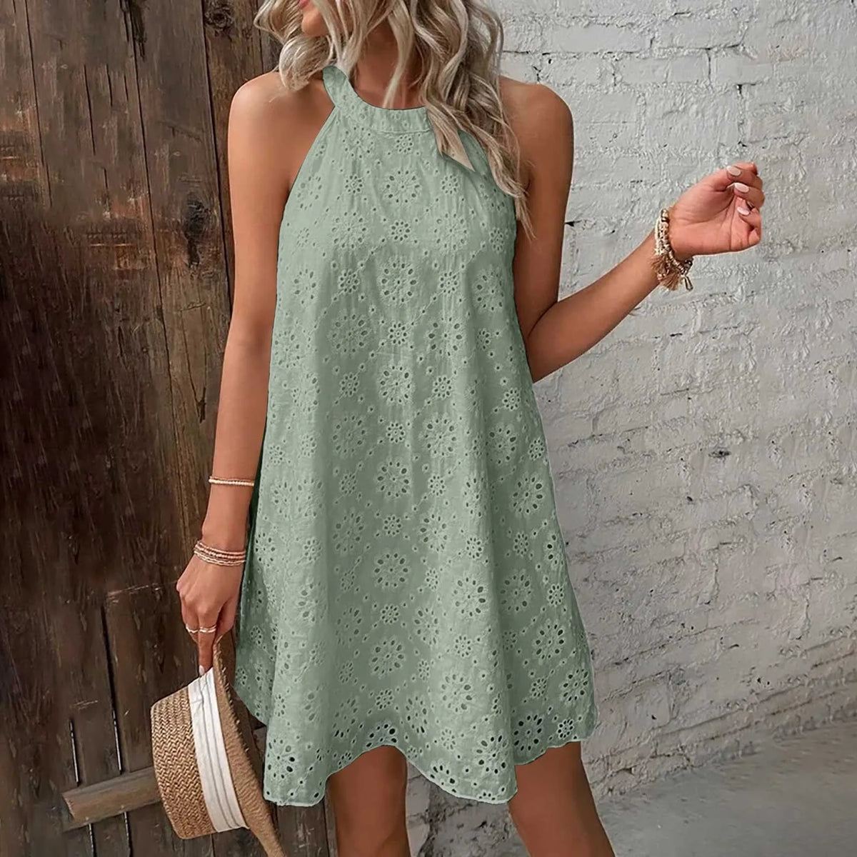Womens Summer Vacation Dresses Hollow Lace Halter Solid Color Backless Short Dresses Casual Loose Holiday Beach Sundress