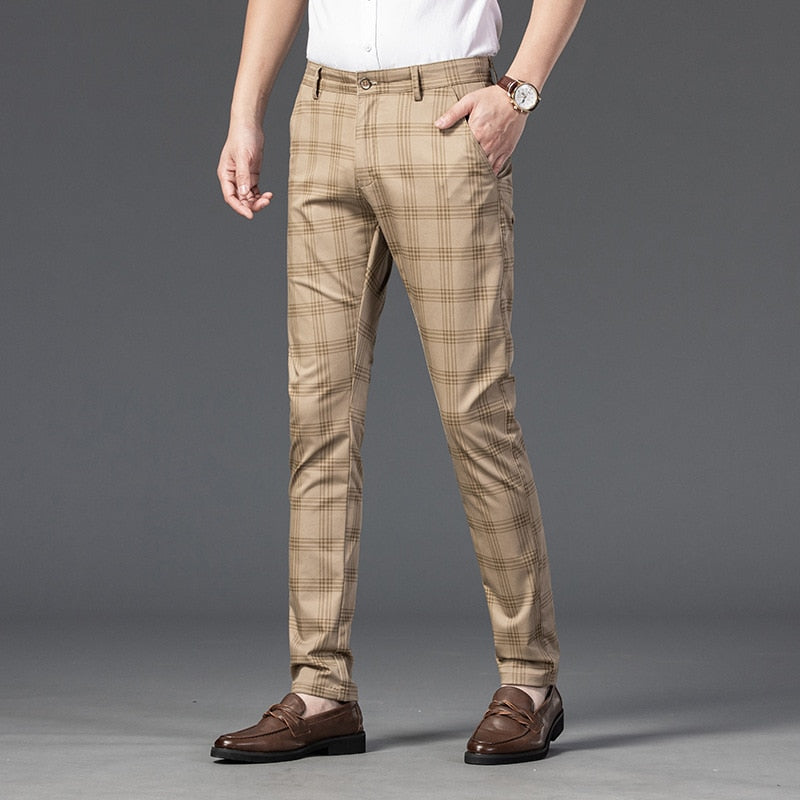 Black Beige Summer Plaid Pants Men Korea Style Regular Fit Office Suit Pants Formal Dress Trousers For Men Wendding