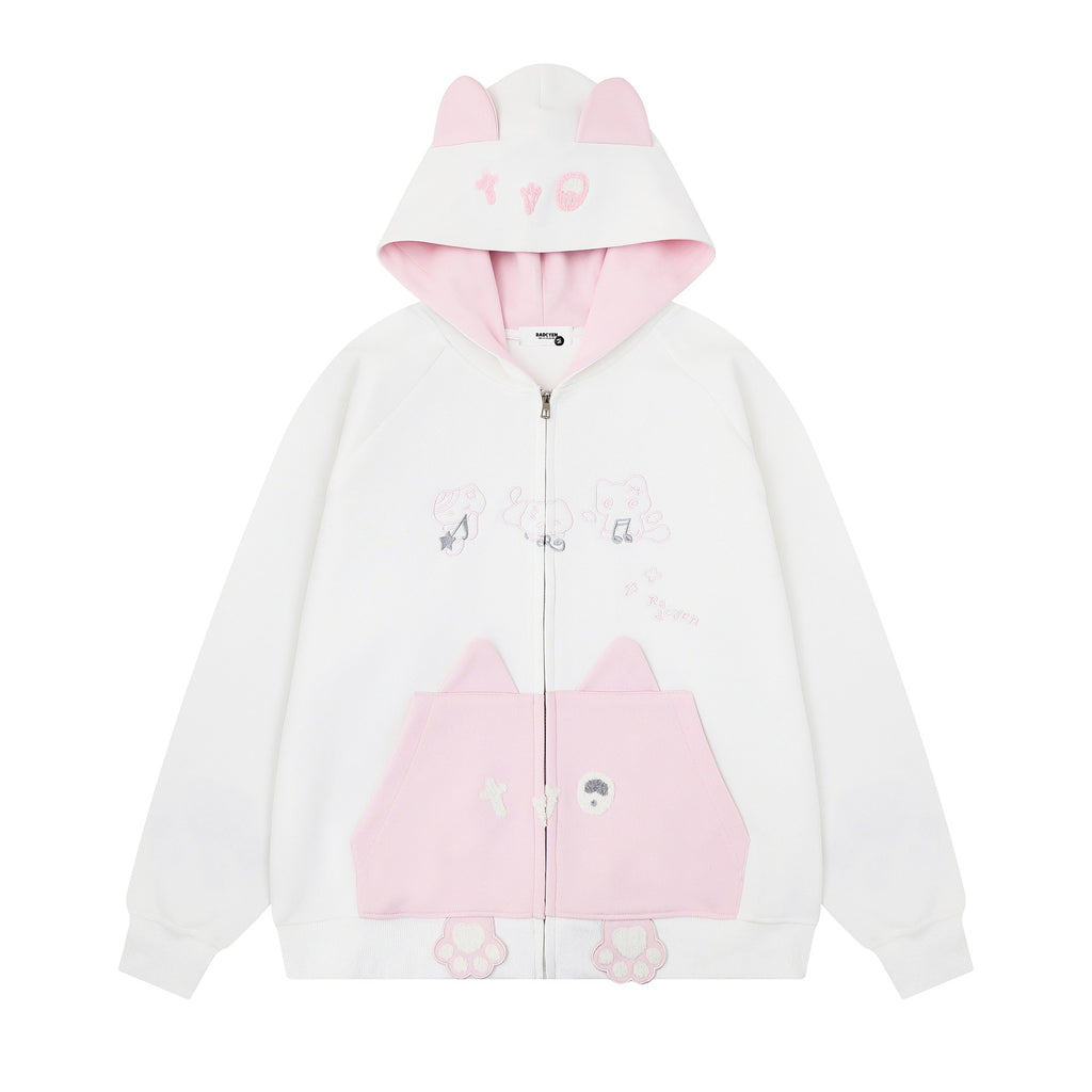 Color blocked cat face pocket hoodie