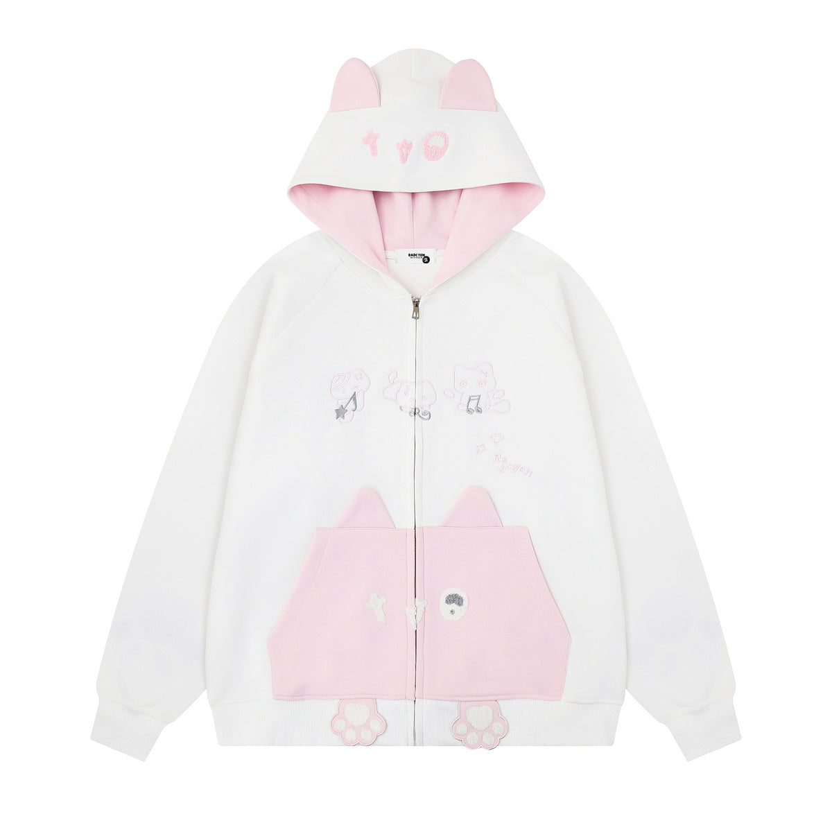 Color blocked cat face pocket hoodie