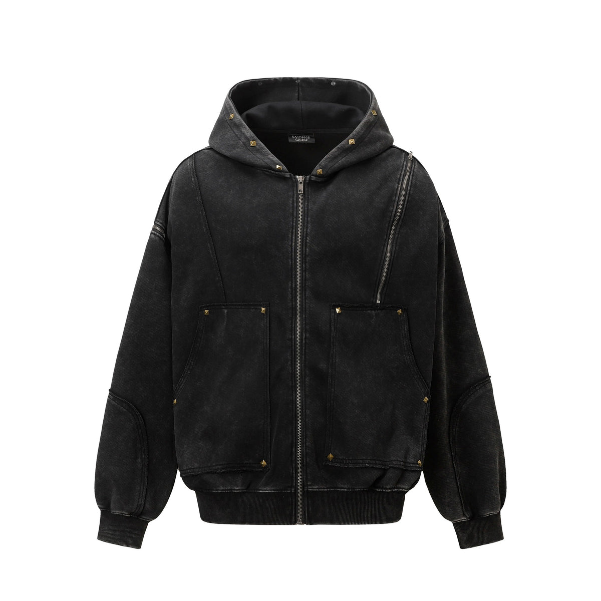Water washed split rivet cotton blend hoodie